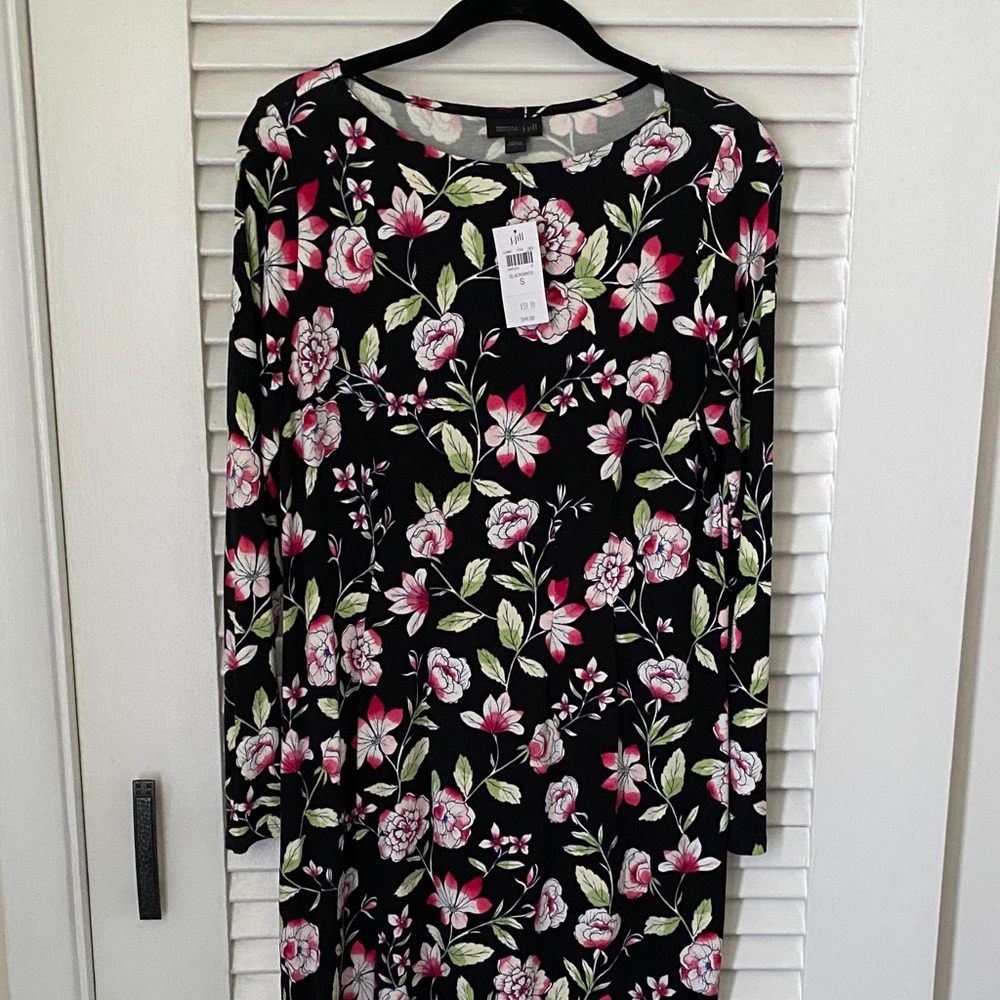J. Jill Black Long-Sleeve Floral Midi Dress with Pink and Green Flowers